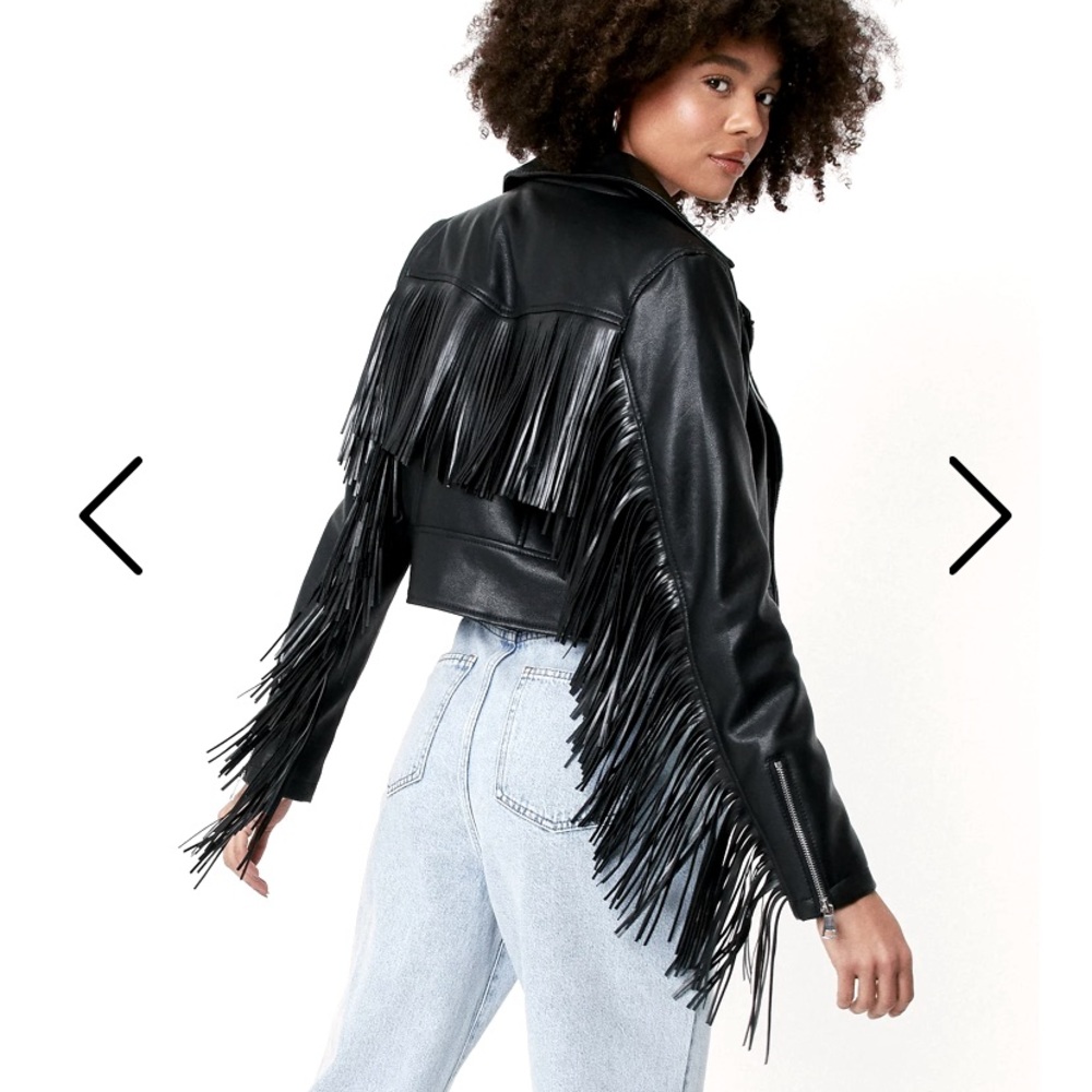 Nasty Gal, black cropped leather fringe jacket